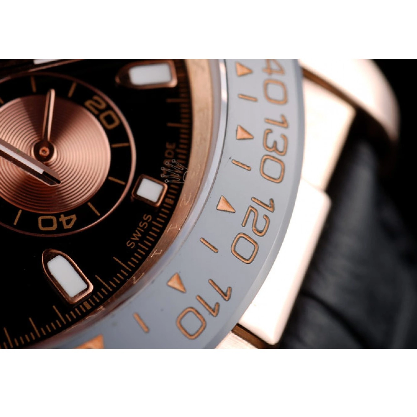 AAA Replica Watches Dial Daytona Black Gold Black Case Leather Rose Strap Rolex 0817